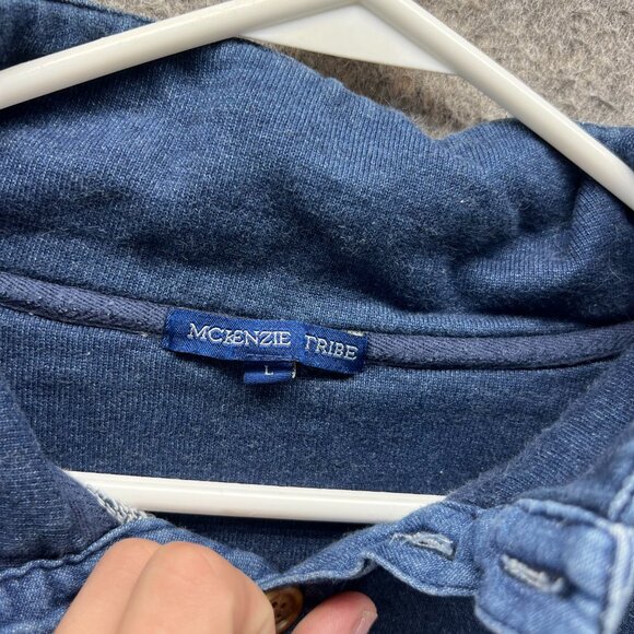 McKenzie Tribe Pullover Mens Large Blue Denim Collar Sweatshirt Henley Jacket - Picture 7 of 9